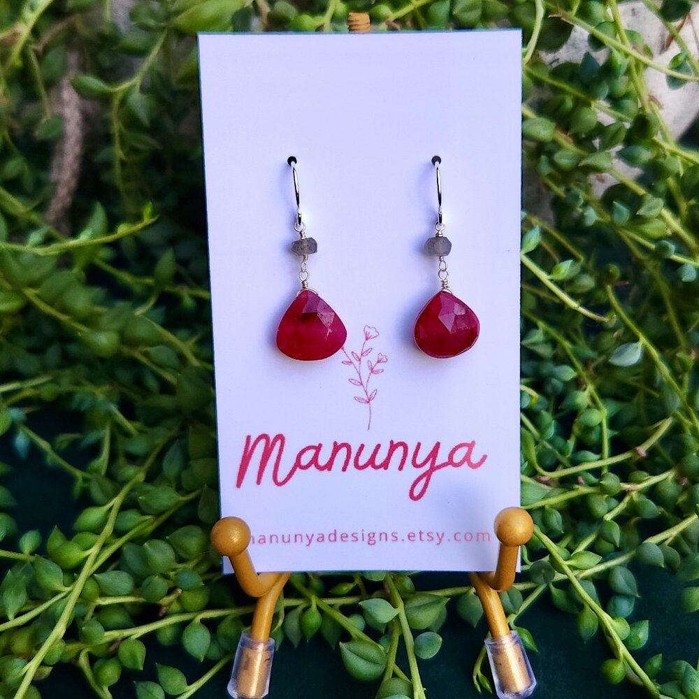 Ruby Dangle Earrings - Semi-Precious Ruby, Labradorite & Carnelian